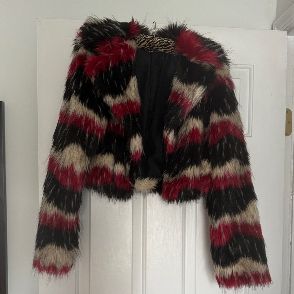 Current Mood Red, Black, Cream Teddy Jacket